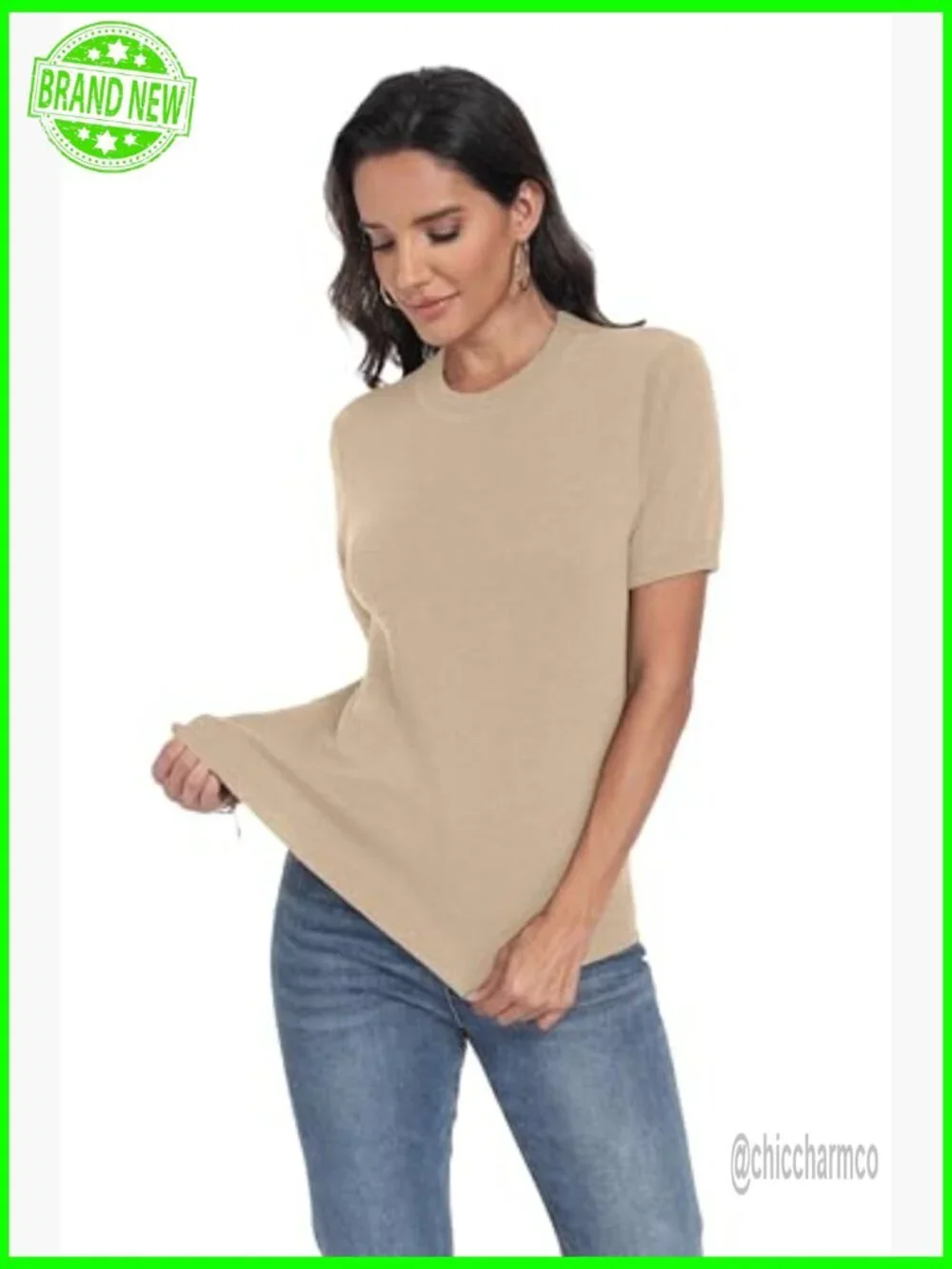 Lightweight Wool Blend Short Sleeve Crew Neck Knit Pullover Sweater